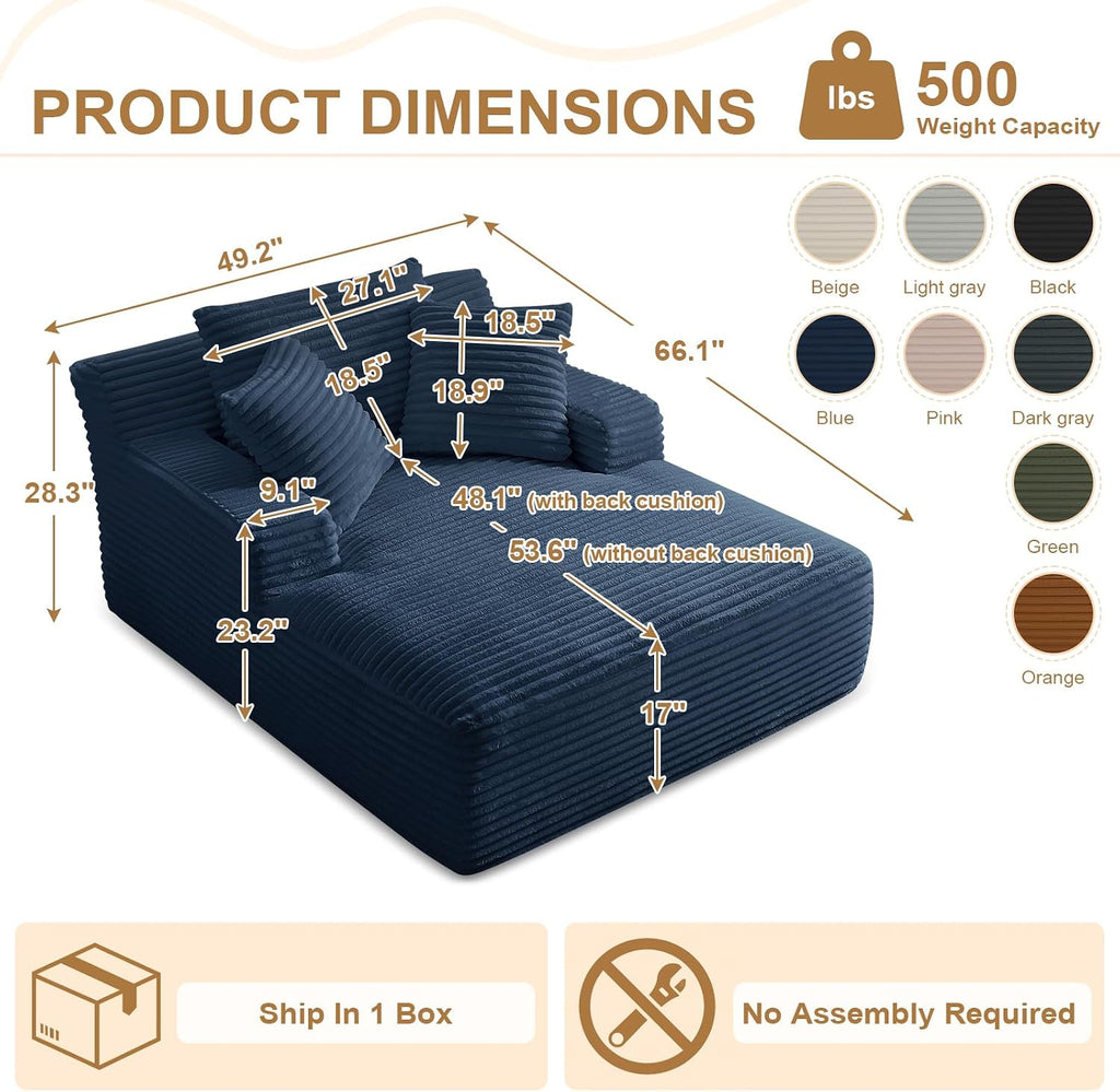 Oversized Chaise Lounge Chair Indoor, 66' Cloud Boneless Sleeper Couch Corduroy Upholstered Sofa Bed Deep Seat Comfy Reading Chair with 3 Pillows for Living Room Bedroom, Blue