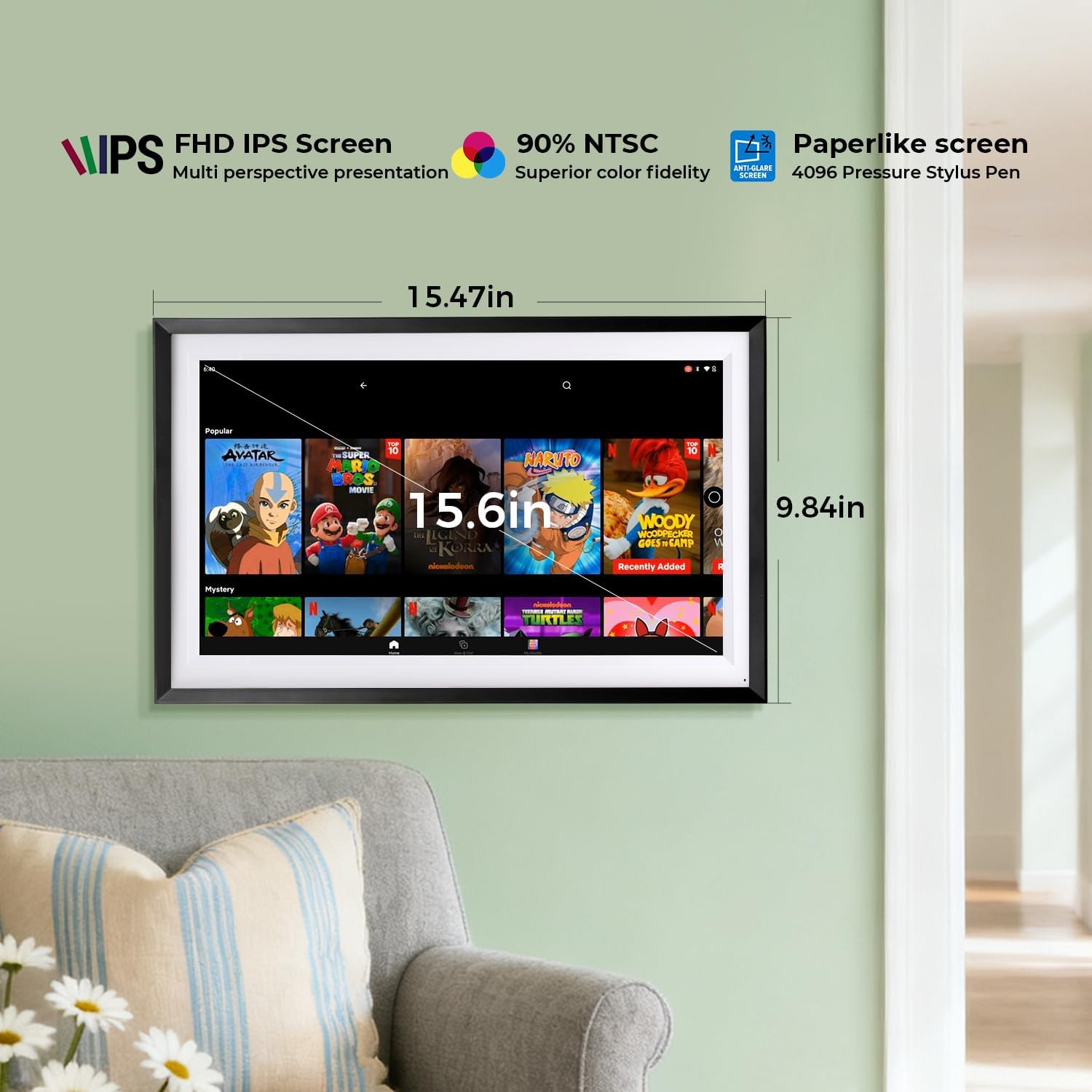 15.6' Smart Display with Google Calendar,Google Play,No Subscription,Black | Anti-glare FHD touchscreen,Photo Frame,Android Apps,Built-in Battery,Stylus pen,Voice Assistant,Home Hub,Streaming,Wall&Desk