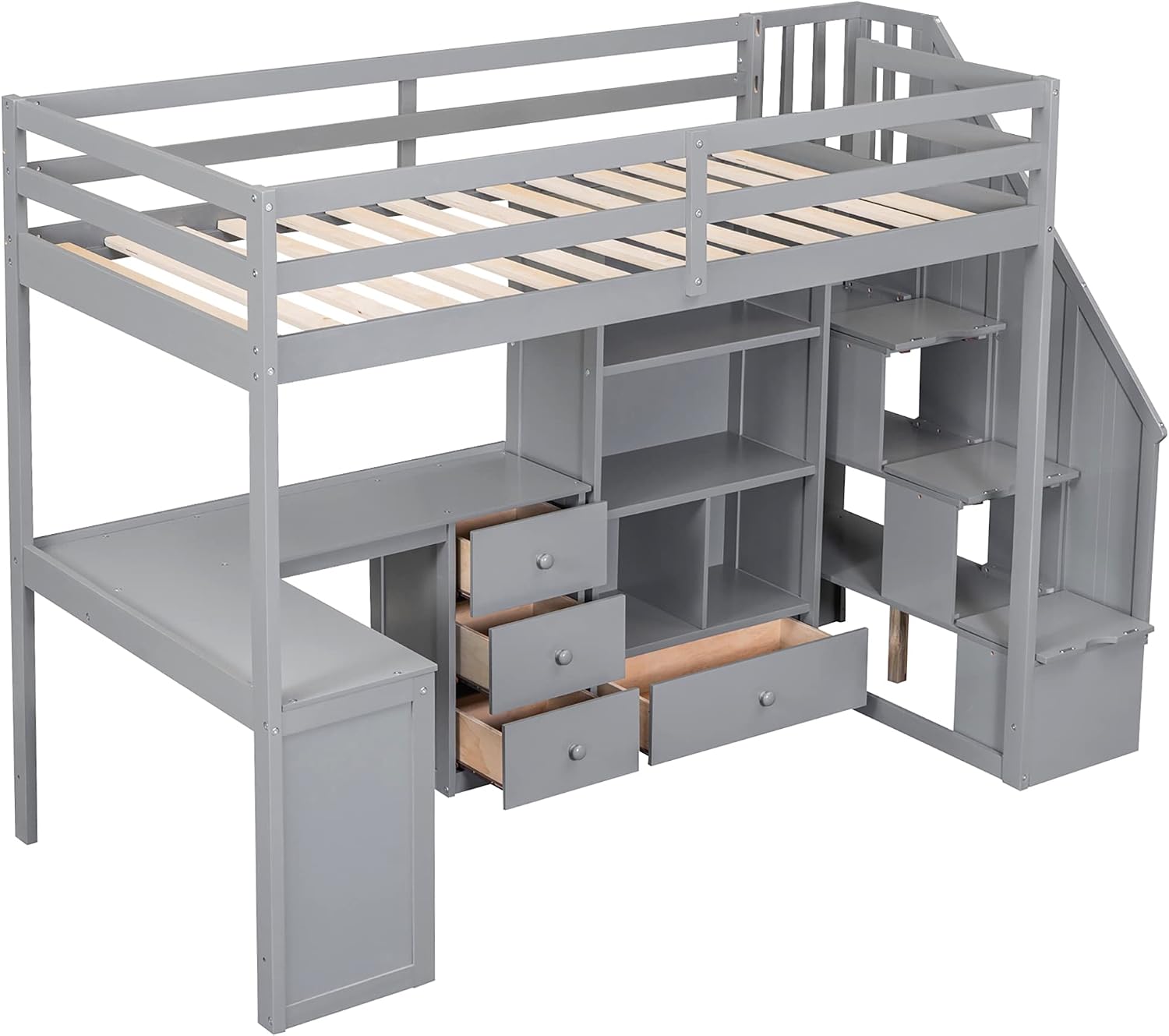 Twin Size Loft Bed with L-Shaped Desk and Drawers,Multifunctional Wooden Bed Frame,W/Cabinet and Storage Staircase, No Box Spring Requiredfor Kids Boys Girls Teens,Gray
