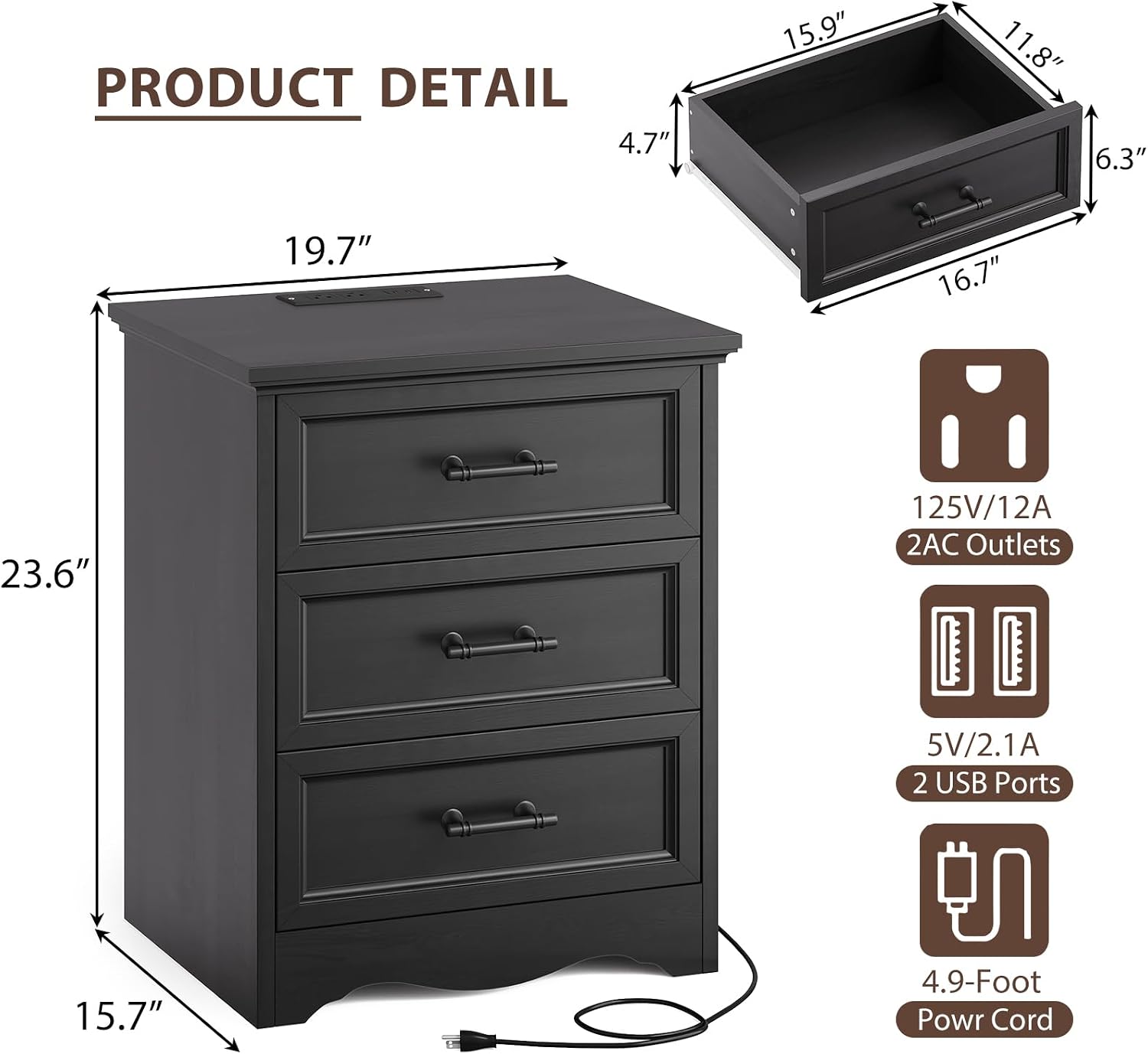 Black Nightstand with Charging Station, 19.7' Farmhouse End Table with 3 Drawers Storage, Bedside Table with Brushed Metal Handles, Unique Base Design, 3 Drawer Dresser for Bedroom, Living Room