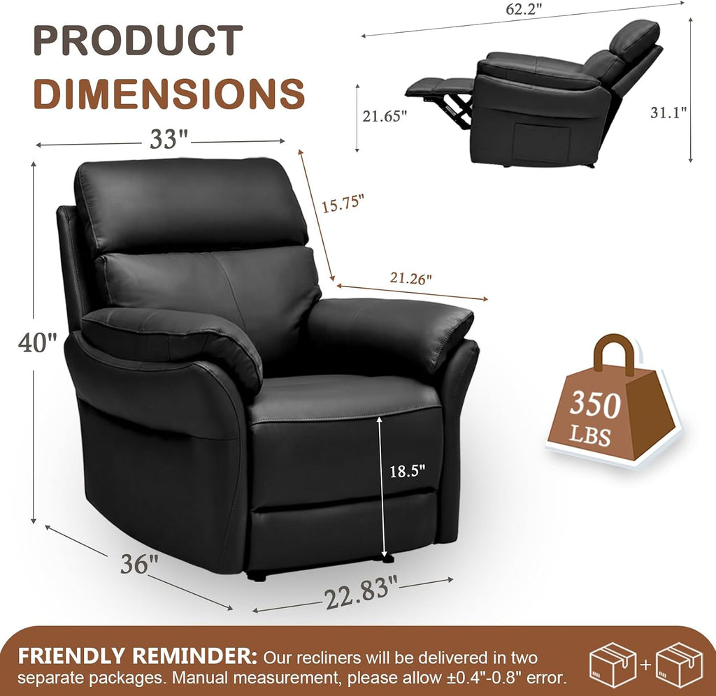 AIRSKY Genuine Leather Recliner Chair, Top Grain Leather, Italian Water-Washing Process, Reclining Sofa Chair for Reading, Single Sofas for Living Room, Theater Seating, Bedroom. Black,R1