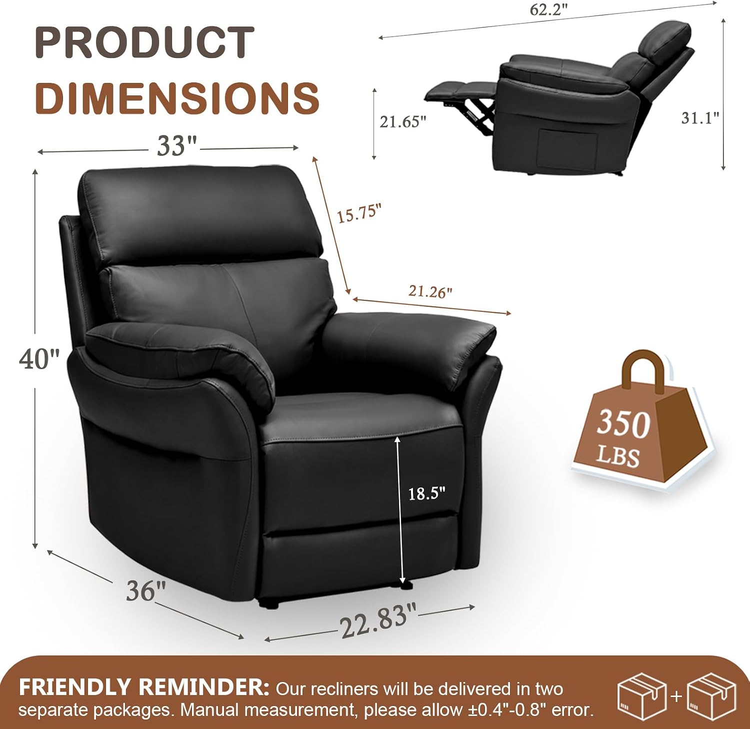 AIRSKY Genuine Leather Recliner Chair, Top Grain Leather, Italian Water-Washing Process, Reclining Sofa Chair for Reading, Single Sofas for Living Room, Theater Seating, Bedroom. Black,R1