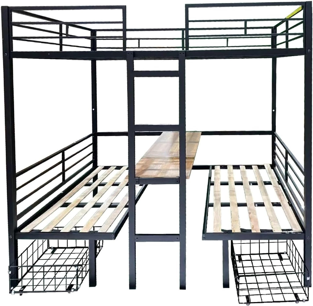 Black Bed Frame, Bed Frame for Adults Full Over Full with Table Set Transformable Steel 77.95' L x 56.3' W x 68.9' H