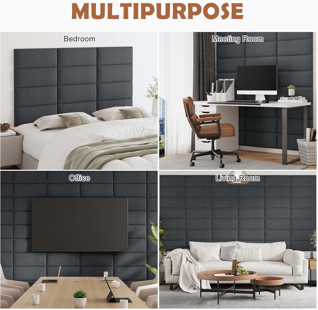 IFNOW Upholstered Wall Mounted Headboard, 3D Soundproof Wall Panels Peel and Stick for King Size, Reusable and Removable Tufted Bed Headboard in Black (12 Panels, 10' x 24')