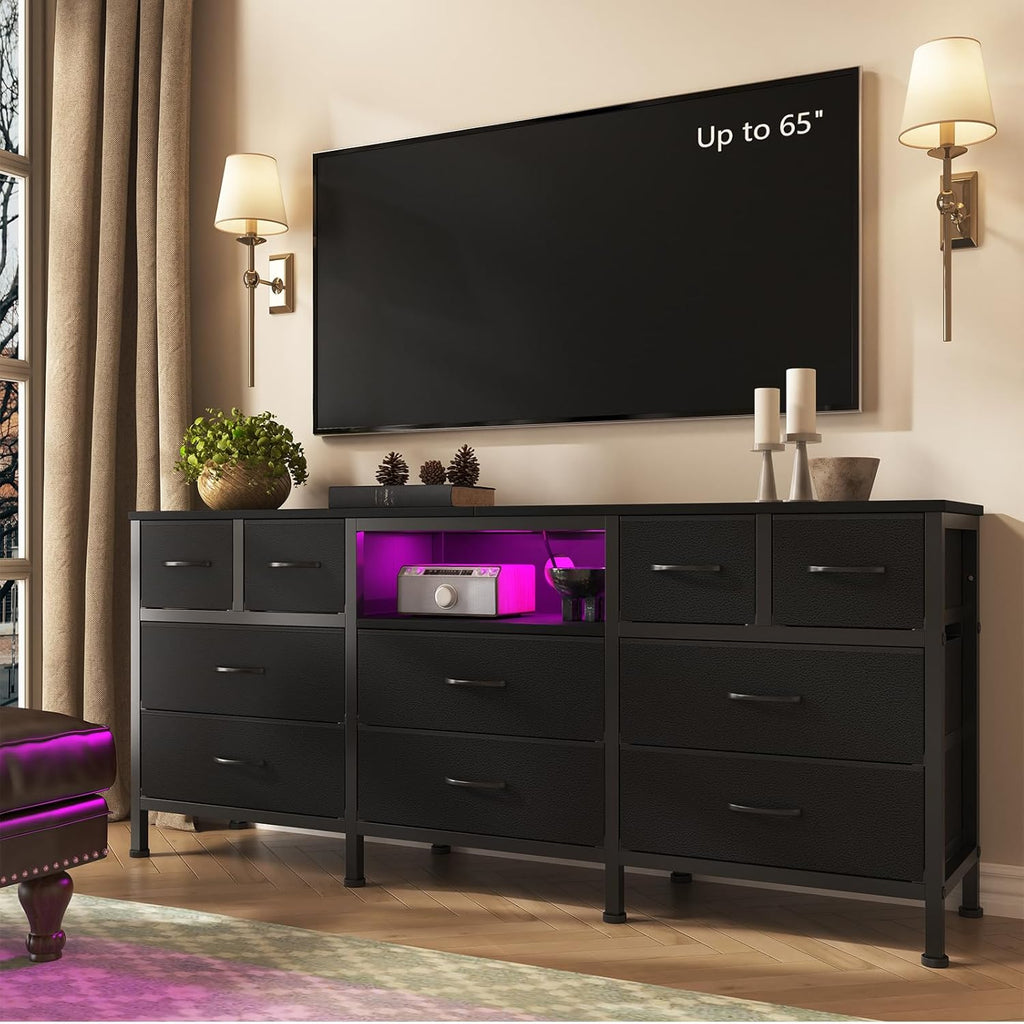 Black Dresser for Bedroom with LED Lights and Power Outlets, 55' TV Stand with 10 Drawers & Open Shelves, Fabric Chest of Drawers with PU Finish, Metal Frame, Wood Top