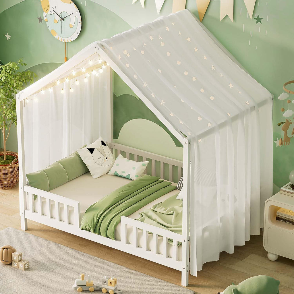 Cute Montessori Bed Frame Full Size with Canopy, Low Profile House Shape Bed with Safety Railing & Wood Slat Support, Kids Playhouse Bedframes for Boys Girls (White, Full)