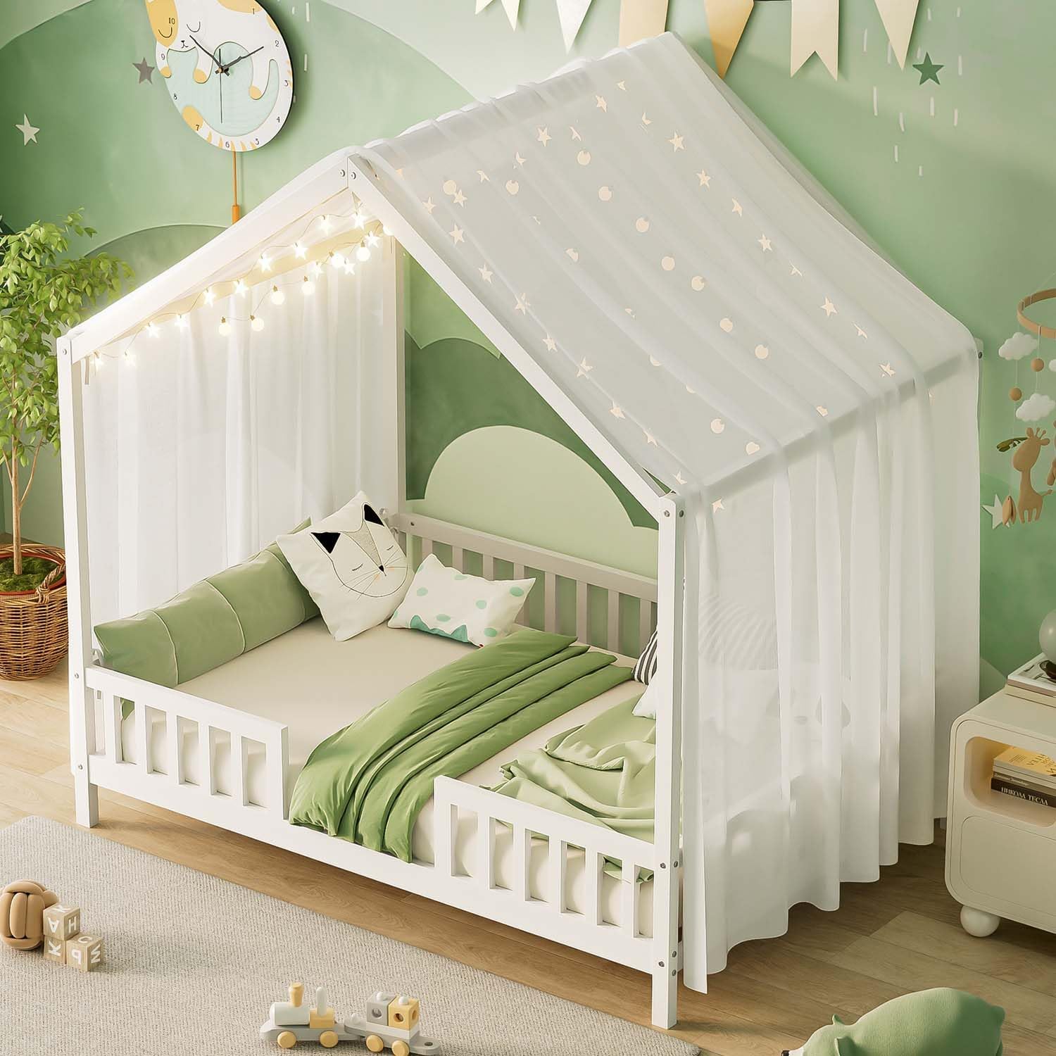 Cute Montessori Bed Frame Full Size with Canopy, Low Profile House Shape Bed with Safety Railing & Wood Slat Support, Kids Playhouse Bedframes for Boys Girls (White, Full)
