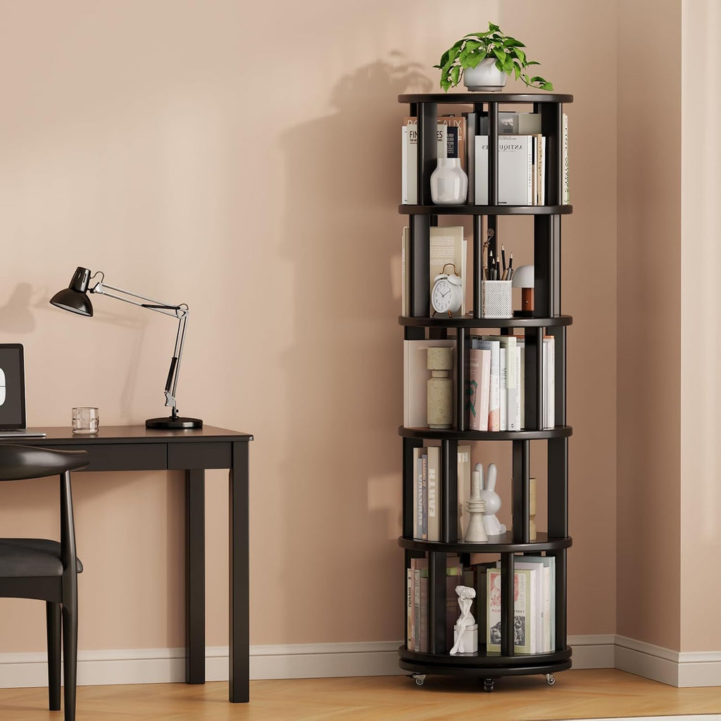 Muwuele Solid Wood Rotating Bookshelf on Wheels, 5 Tier, Round Revolving Bookcase, 360° Spinning Book Shelf Tower for Kids, Narrow Rolling Bookshelves for Small Space, Corner, Bedroom, Office, Black
