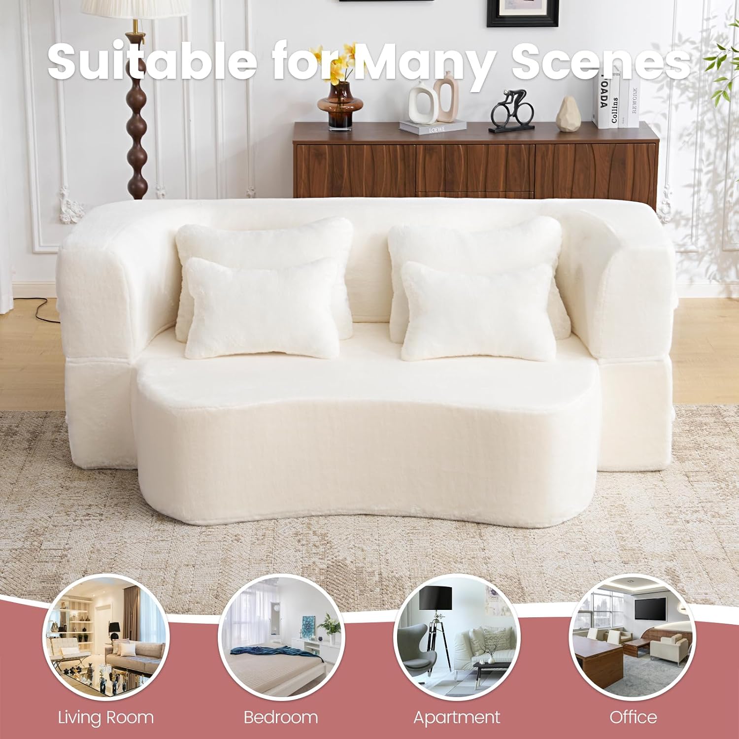 Convertible Folding Sofa Bed, 78' Full Size Loveseat Sleeper Sofa, Chenille Foldable Boneless Floor Couch with 4 Pillows for Guest Living Room Bedroom, No Assembly Required (Beige White)