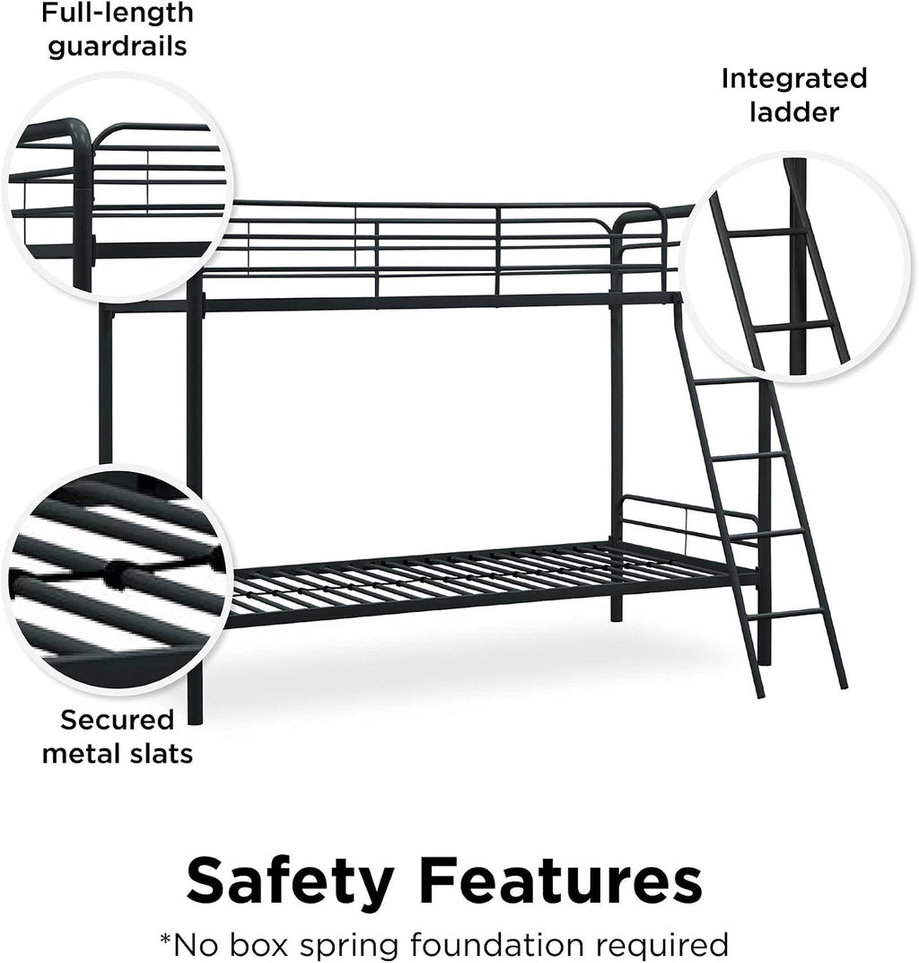DHP Twin-Over-Twin Bunk Bed with Metal Frame and Ladder, Space-Saving Design, Black Black Twin/Twin