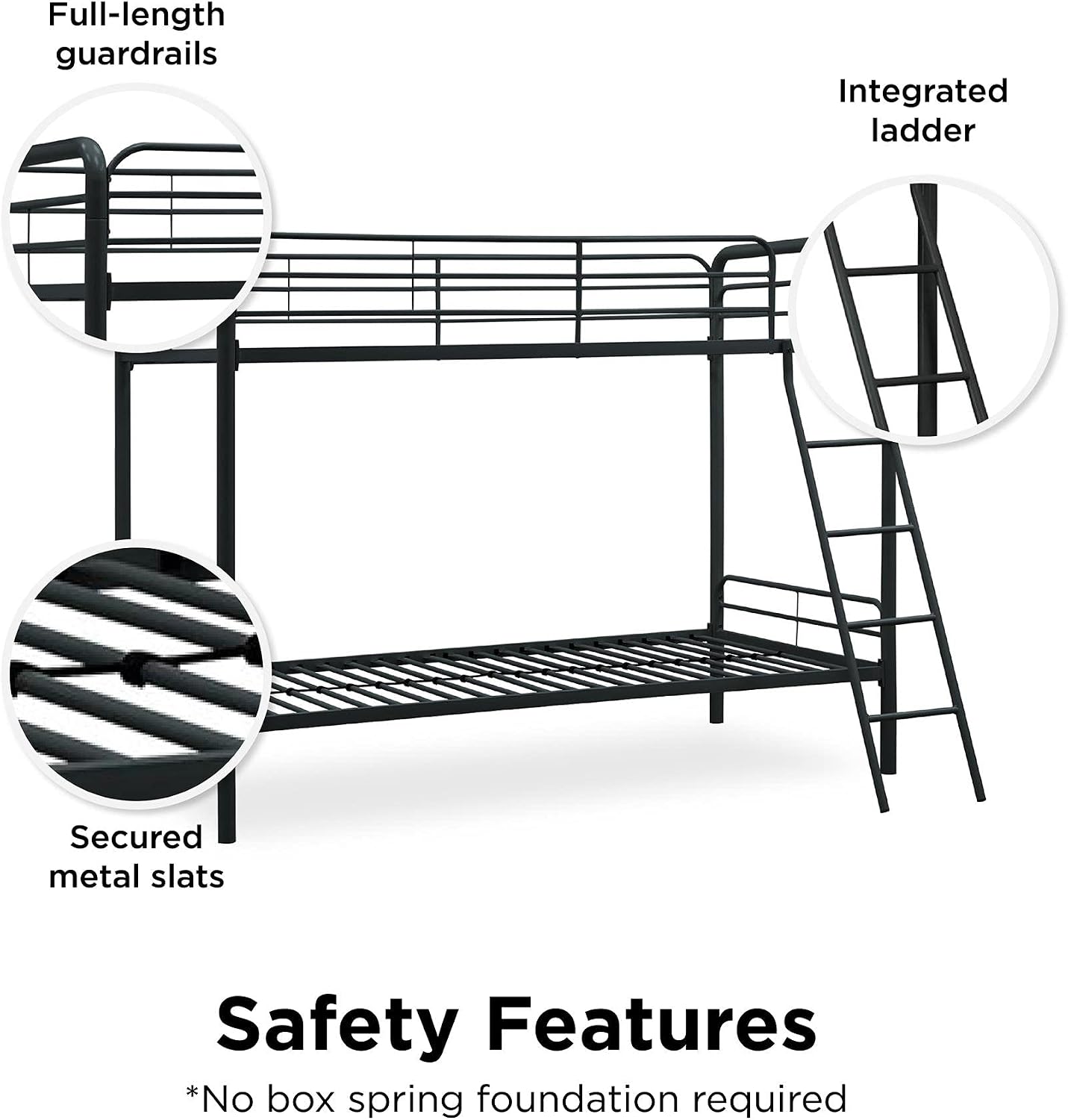 DHP Twin-Over-Twin Bunk Bed with Metal Frame and Ladder, Space-Saving Design, Black Black Twin/Twin