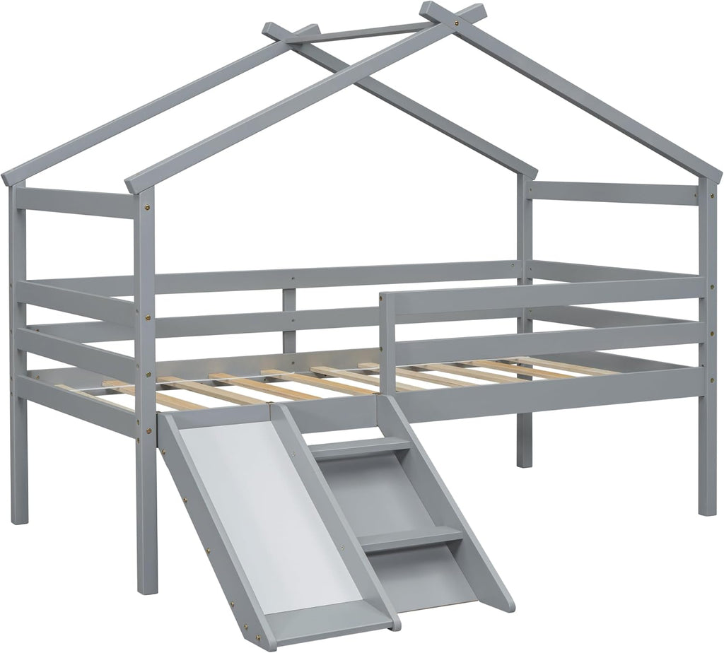 Twin Size Low Loft Bed with Slide and Ladder,Bed Frame W/Safety Guardrails & House Shape Roof,for Bedroom,Apartment,Guest Room,Easy Assembly,Grey
