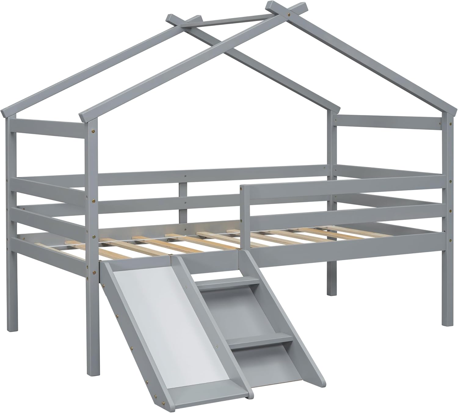 JIVOIT Twin Size Low Loft Bed with Slide and Ladder, House Loft Bed with Safety Guardrails, Capacious Space Under Bed, House Roof Frame for Kids Teens Girls Boys (Grey * 098)