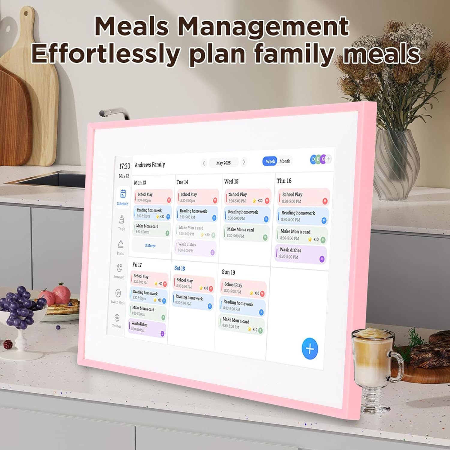 Yunseity 10.1in Smart Digital Calendar Planner & Chore Chart, IPS HD Touch Screen Interactive Display for Family Schedules, Wall & Desk Mountable Family Planner & Photo Frame, Pink
