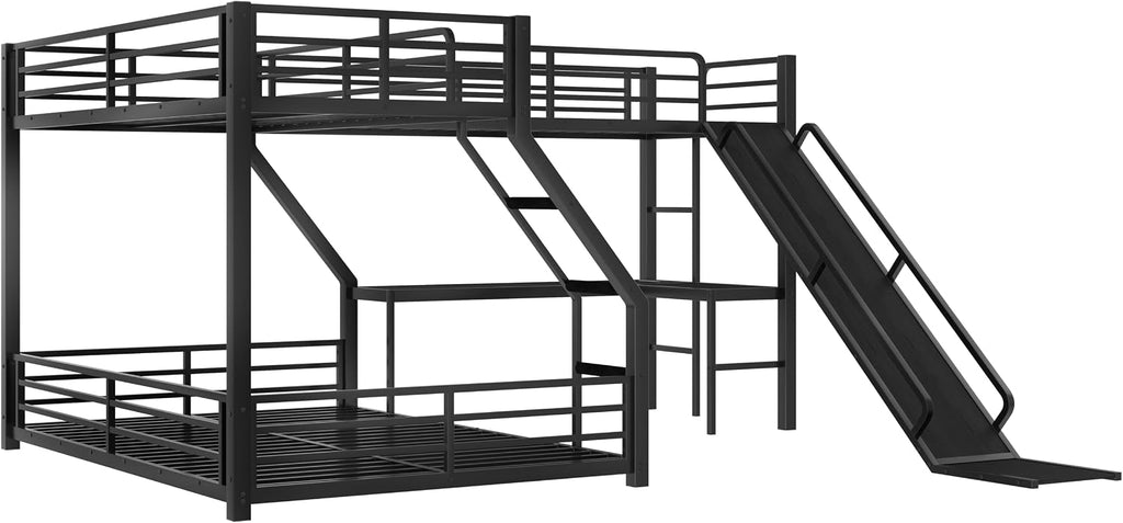 Polibi Space-Saving L-Shaped Metal Triple Bunk Bed, Twin XL Over Queen with Twin Loft Bed, Bunk Bed with Slide and USB Ports, Sturdy Frame with Noise-Free Design for Kids, Teens, Adults, Black