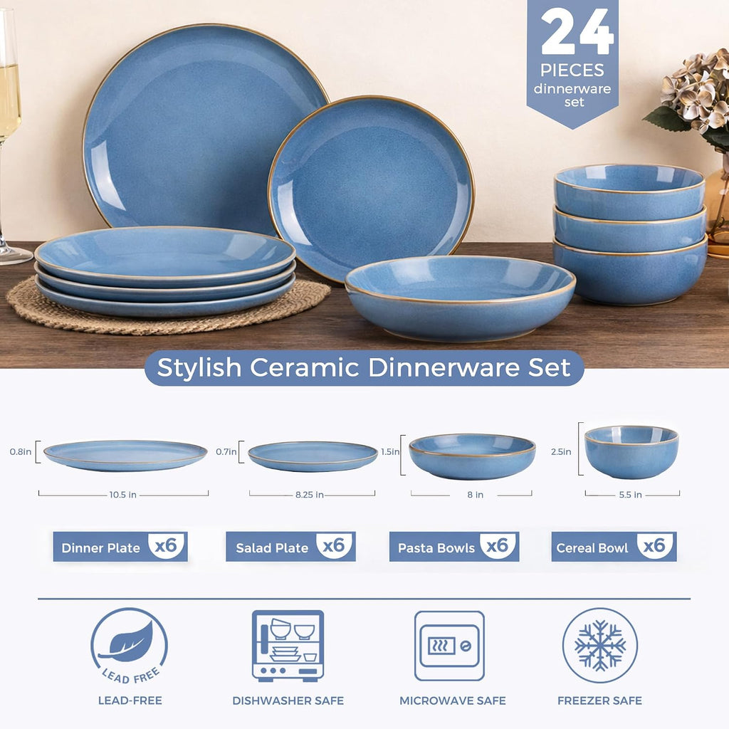GBHOME Dinnerware Sets with Double Bowls for 6, 24 Pieces Stoneware Plates and Bowls Set, Scratch Resistant Ceramic Dishes Set, Dishwasher & Microwave Safe-Alaskan Blue