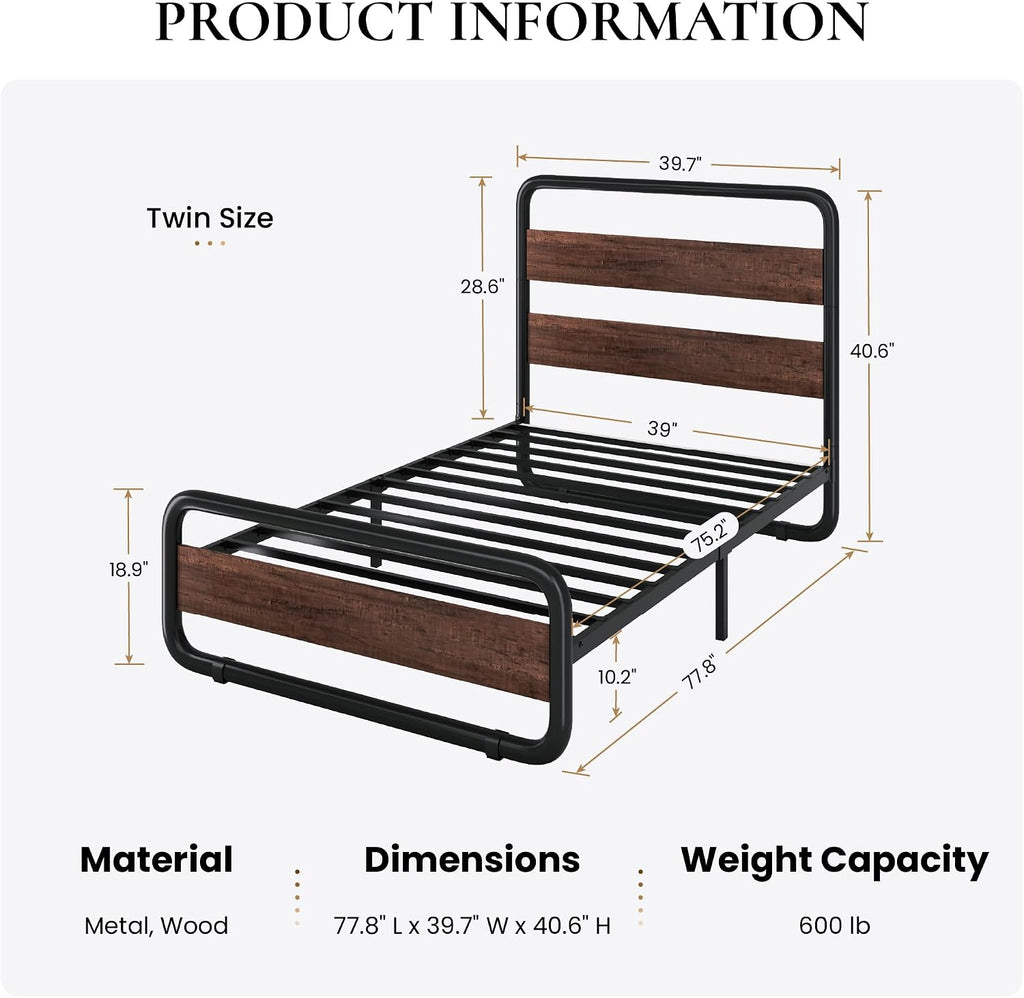 SHA CERLIN Twin Size Metal Bed Frame with Wooden Headboard and Footboard, Heavy Duty Oval-Shaped Platform Bed Frame with 10' Under-Bed Storage, Heavy Duty Slats Support, No Box Spring Needed, Mahogany