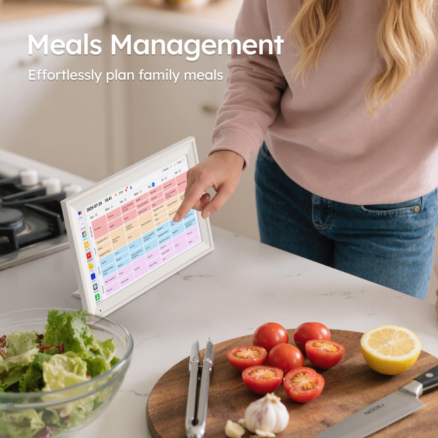 15.6-Inch Smart Digital Calendar & Chore Chart, 1080P Touchscreen Family Planner with Meal Planner & Reward System, Desk & Wall Mountable (White)
