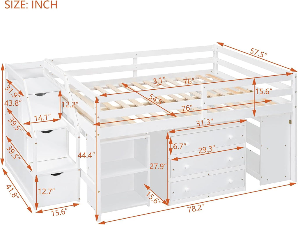 Full Size Loft Bed with Retractable Writing Desk, Wooden Loft Bed with 3 Drawers and Shelves, Storage Stairs, Versatility Low Loft Bed Storage Bed for Kids Boys Girls Bedroom (White,Storage Stairs)