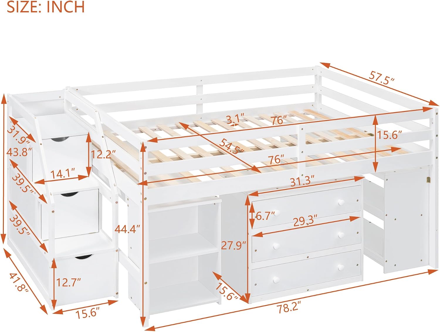 Full Size Loft Bed with Retractable Writing Desk, Wooden Loft Bed with 3 Drawers and Shelves, Storage Stairs, Versatility Low Loft Bed Storage Bed for Kids Boys Girls Bedroom (White,Storage Stairs)
