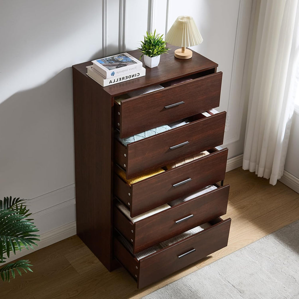 LIDYUK Dark Cherry Dresser for Bedroom, 5 Drawer Dressers & Chests of Drawers, Modern Wood Dresser, 47 Inches Tall Chest of Drawers for Bedroom, Hallway, Living Room