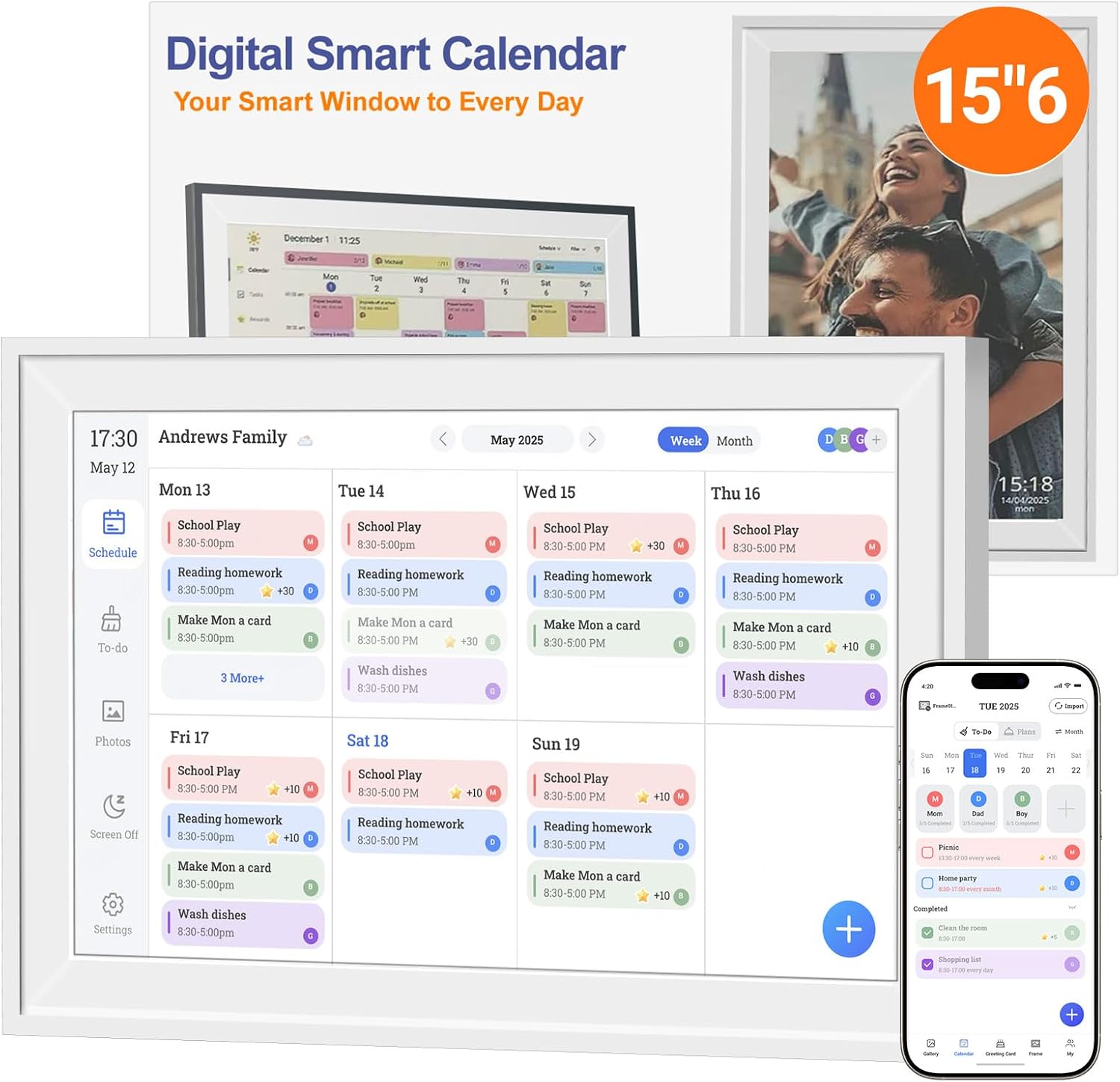 TRVL FIELDER Digital Calendar Wall Touch Screen, 15.6' Smart Electronic Family Interactive Display, No Subscription Electric Organizer & Planner for Schedules, Chore Chart, Picture Frame with Stand