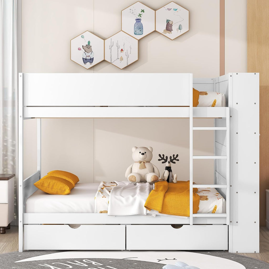 Full Over Full Bunk Bed with Bookcase, Wood Bunk Bed Frame with 2 Drawers and Multi-Layer Cabinet Storage Shelves, Bed with High Guardrails for Kids Teens (White, Full)