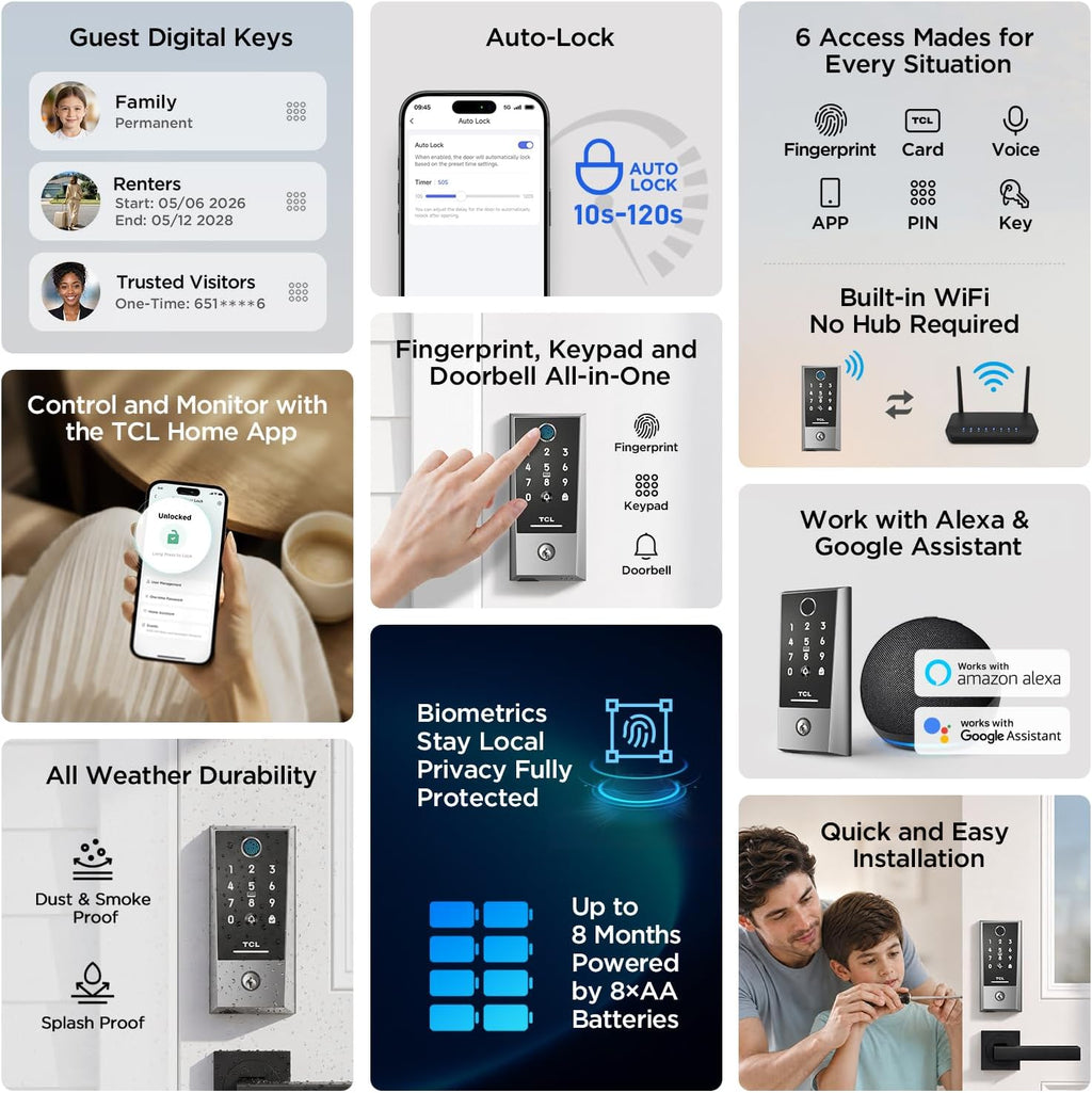 TCL Smart Deadbolt Lock, Fingerprint Keyless Entry Door Lock with Touchscreen Keypad, App Control, 8-Month Battery, WiFi Enabled, Front Door Locks Compatible with Alexa & Google Home, D2 Plus