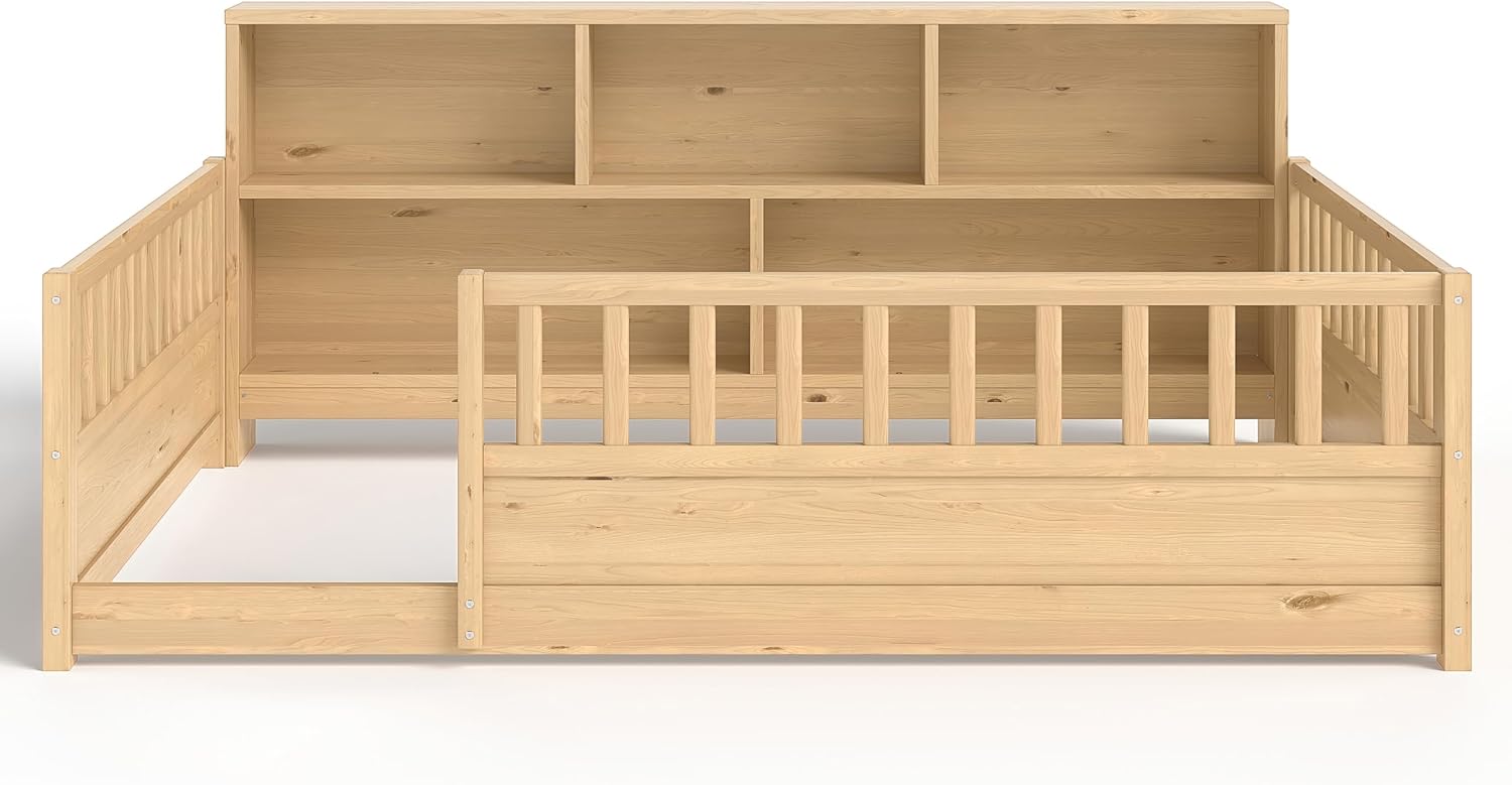 Bellemave Kids Montessori Floor Bed Full Size,Floor Bed Frame with Bookcase and Fence for Kids Boys Girls,Natural