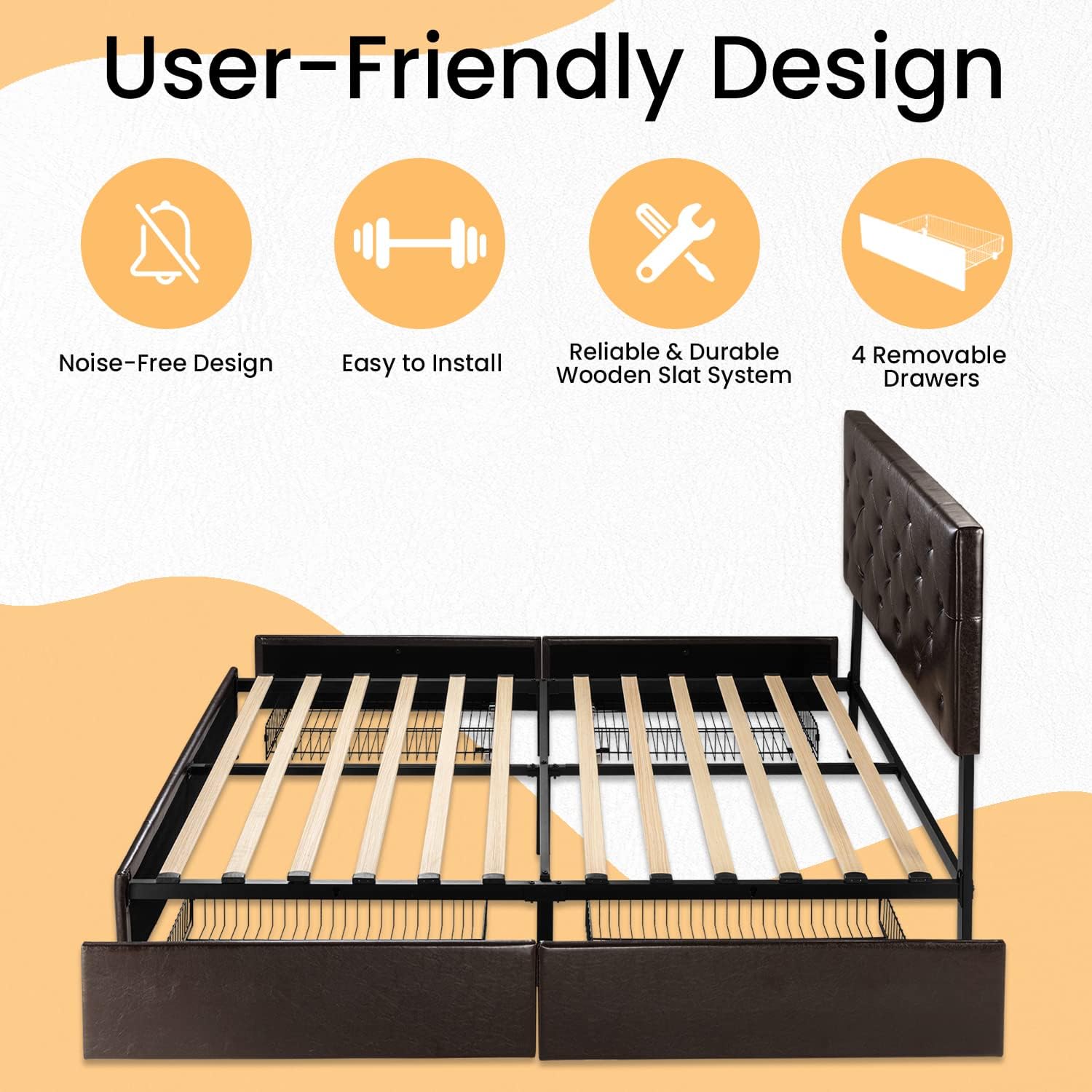 SHA CERLIN Upholstered Full Size Platform Bed Frame with 4 Storage Drawers, Adjustable Headboard with Diamond Stitched Button Tufted Design, Wooden Slat Support, No Box Spring Needed, Black Brown