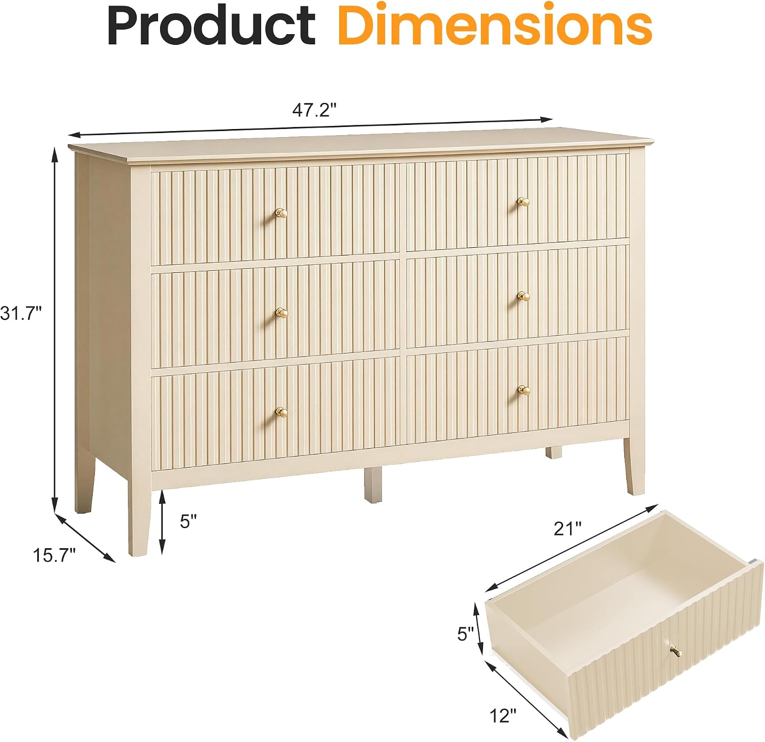 RoyalCraft Beige 6 Drawer Dresser, Fluted Modern Wood Chest of Drawers, Long Dresser for Bedroom TV Stand Storage Cabinet for Living Room