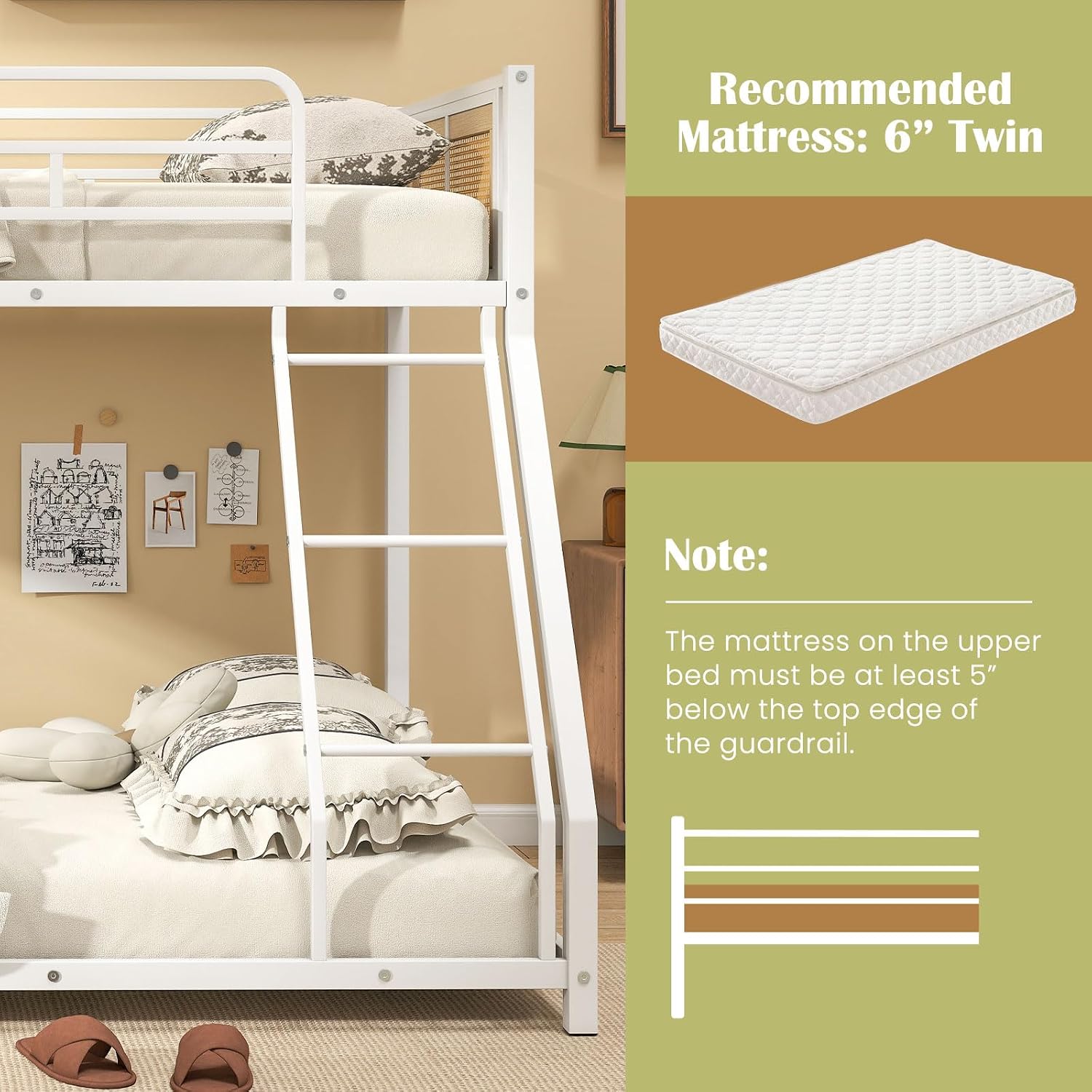Giantex Twin Over Full Metal Bunk Bed, Boho Rattan Floor Bunkbeds with Ladder & Full-length Guardrails, Heavy Duty Metal Slats Support Bed Frame for Teens, Adults, Guests, No Box Spring Needed (White)