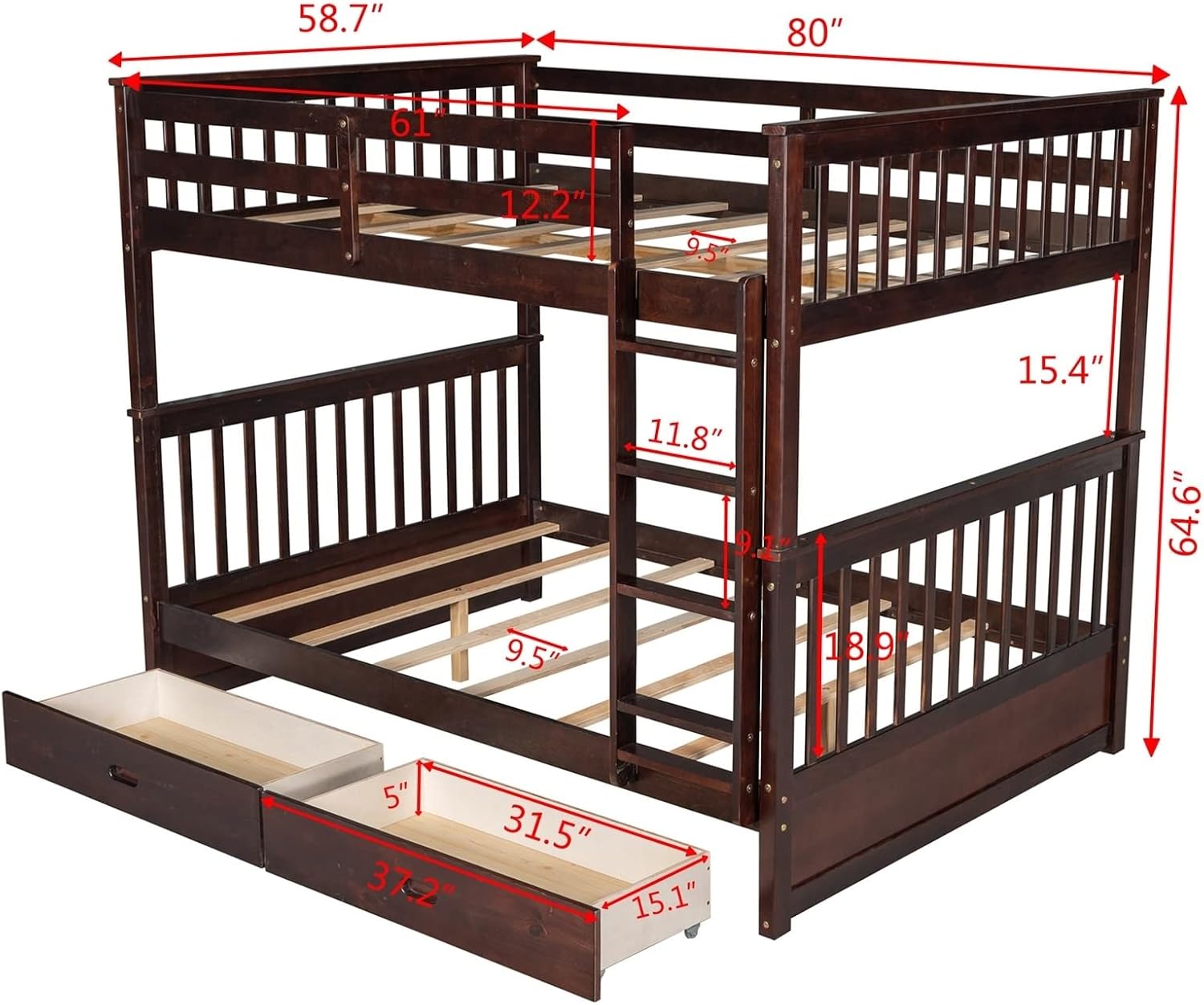 Kids Twin Bunk Bed, Full Size Bed Frame with Drawers Full Over Full with 2 Drawers Ladder and Rail Guard Wood Slats for Boys and Girls Bedroom