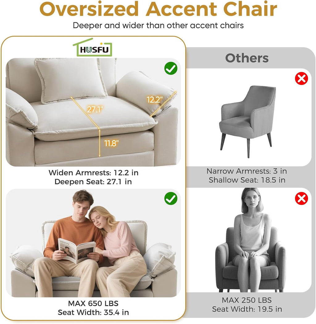 HUSFU 49.5'' W Oversized Accent Chair, Cloud Sofa Chair with Deep Seat and Extra Wide Armrests, Comfy Reading Armchair for Bedroom, Living Room, Set of 2, Beige
