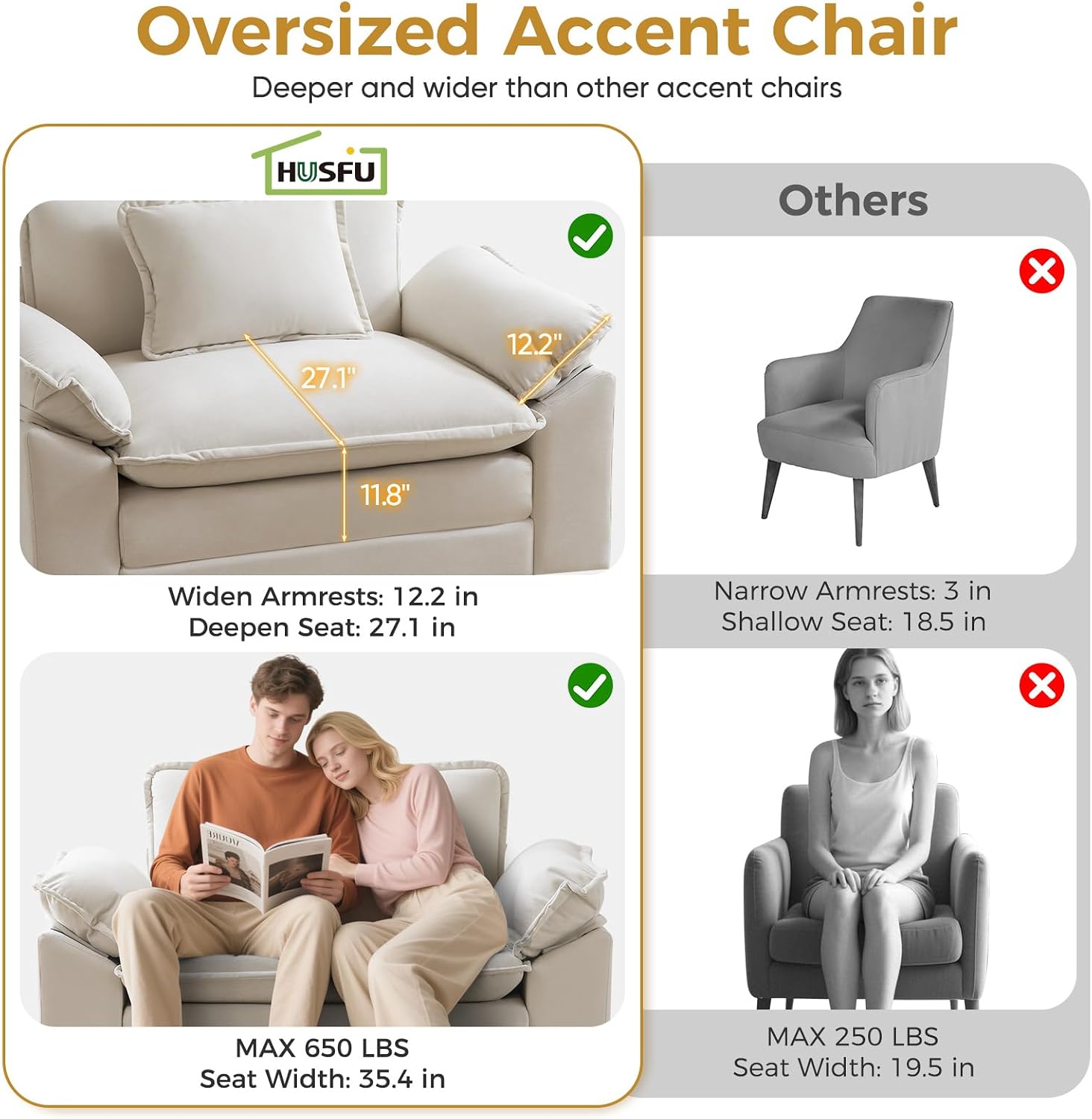 HUSFU 49.5'' W Oversized Accent Chair, Cloud Sofa Chair with Deep Seat and Extra Wide Armrests, Comfy Reading Armchair for Bedroom, Living Room, Set of 2, Beige