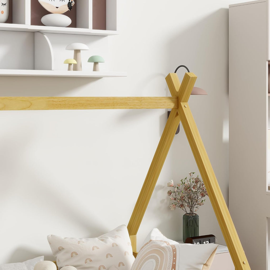 Twin Size Tent Floor Bed for Kids,Teepee Montessori Floor Bed with Fence and Slats for Girls Boys,Natural