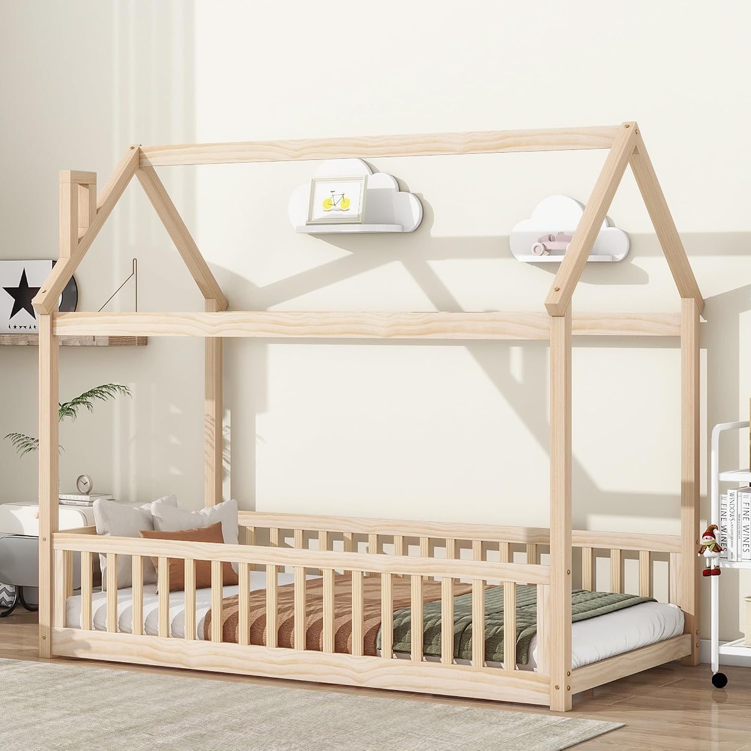 Twin Floor Bed with Slats, Twin Floor Bed for Children, Wooden Montessori Bed with Fence, House Bed for Boys Girls Bedroom - Natural