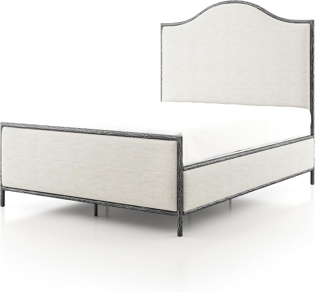 24/7 Shop at Home Lalia Hammered Metal 4-Piece Bedroom Collection, Upholstered Bed Frame with Camelback Headboard, Forged Steel, Bench and Curved Nightstands, Foundation Required, Queen, Matte Grey