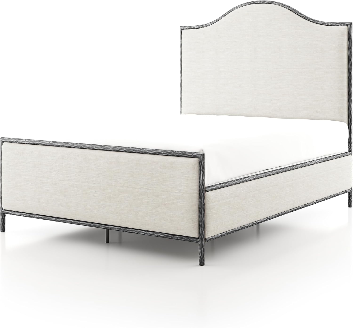 24/7 Shop at Home Lalia Hammered Metal 4-Piece Bedroom Collection, Upholstered Bed Frame with Camelback Headboard, Forged Steel, Bench and Curved Nightstands, Foundation Required, Queen, Matte Grey