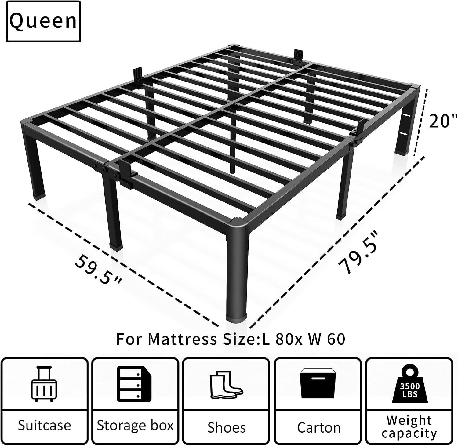 ROIL 20 Inch Queen Bed Frame with Rounded Corner and Headboard Hole Mattress Retainers 3500LBS Metal Heavy Duty Steel Slats No Box Spring Needed Platform Noise-Free Easy Assembly