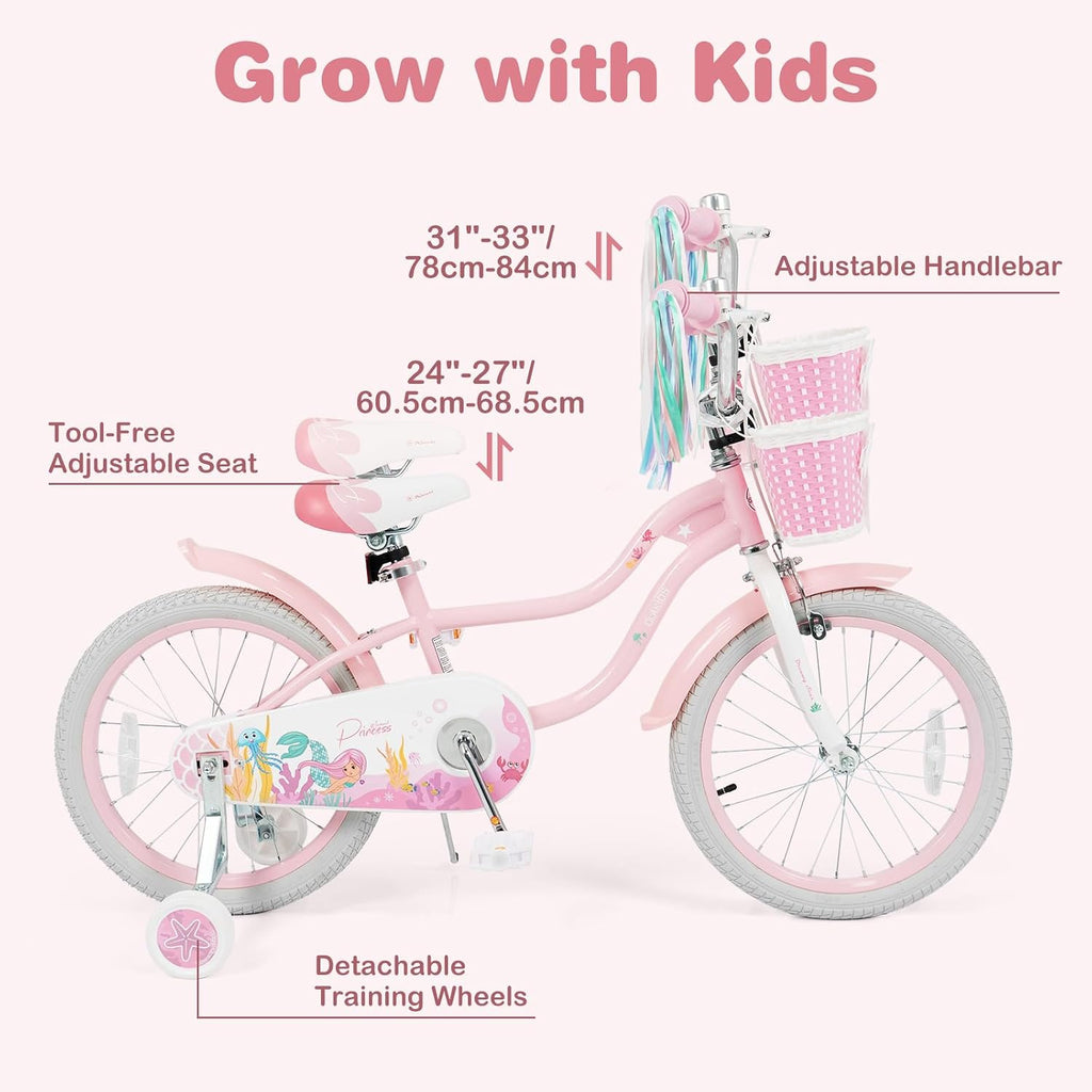 Olakids Kids Bike, 12 14 16 18 20 Inch Mermaid Theme Girls Bicycle with Training Wheels Basket Adjustable Seat and Handlebar Dual Brake