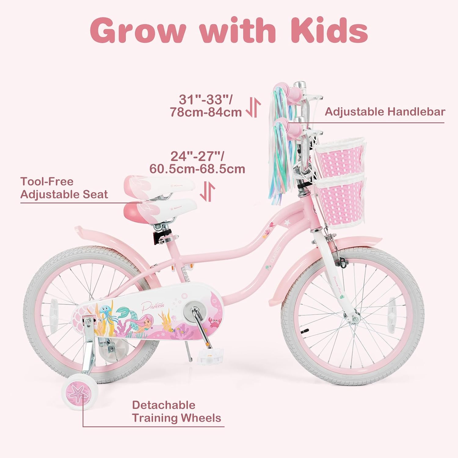 Olakids Kids Bike, 12 14 16 18 20 Inch Mermaid Theme Girls Bicycle with Training Wheels Basket Adjustable Seat and Handlebar Dual Brake