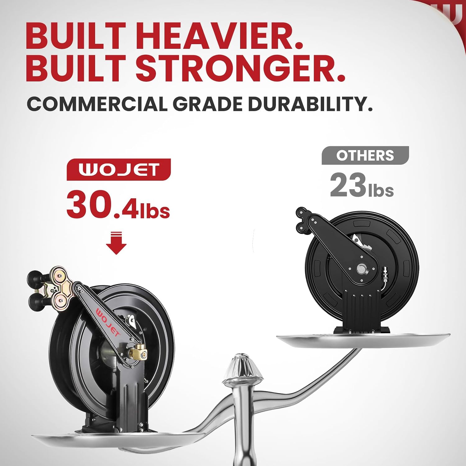 WOJET Pressure Washer Hose Reel 50 ft x 3/8 in, Retractable Hose Reel for Water/Air/Oil, Heavy Duty Hose Reel in Steel, Power Washer Reel with Dual Arm, Auto Rewind, Max 4000PSI (Without Hose)