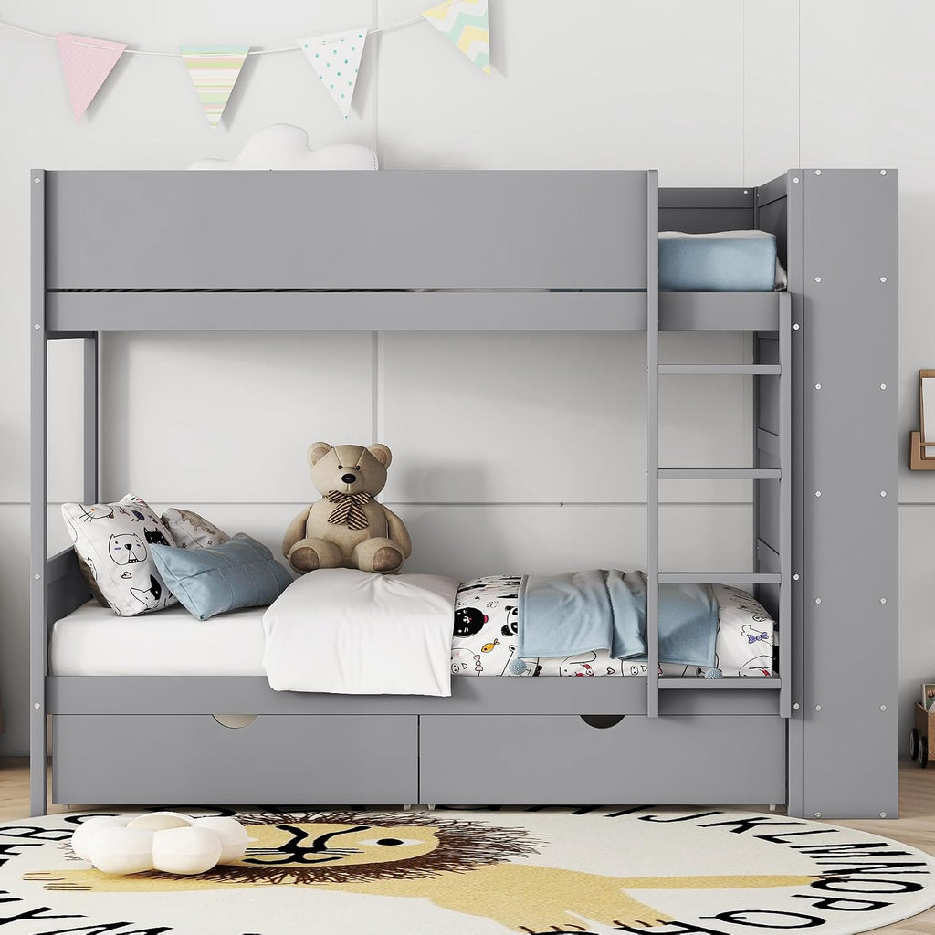 Merax Twin Over Twin Bunk Bed with 2 Drawers and Multi-Layer Cabinet, Gray