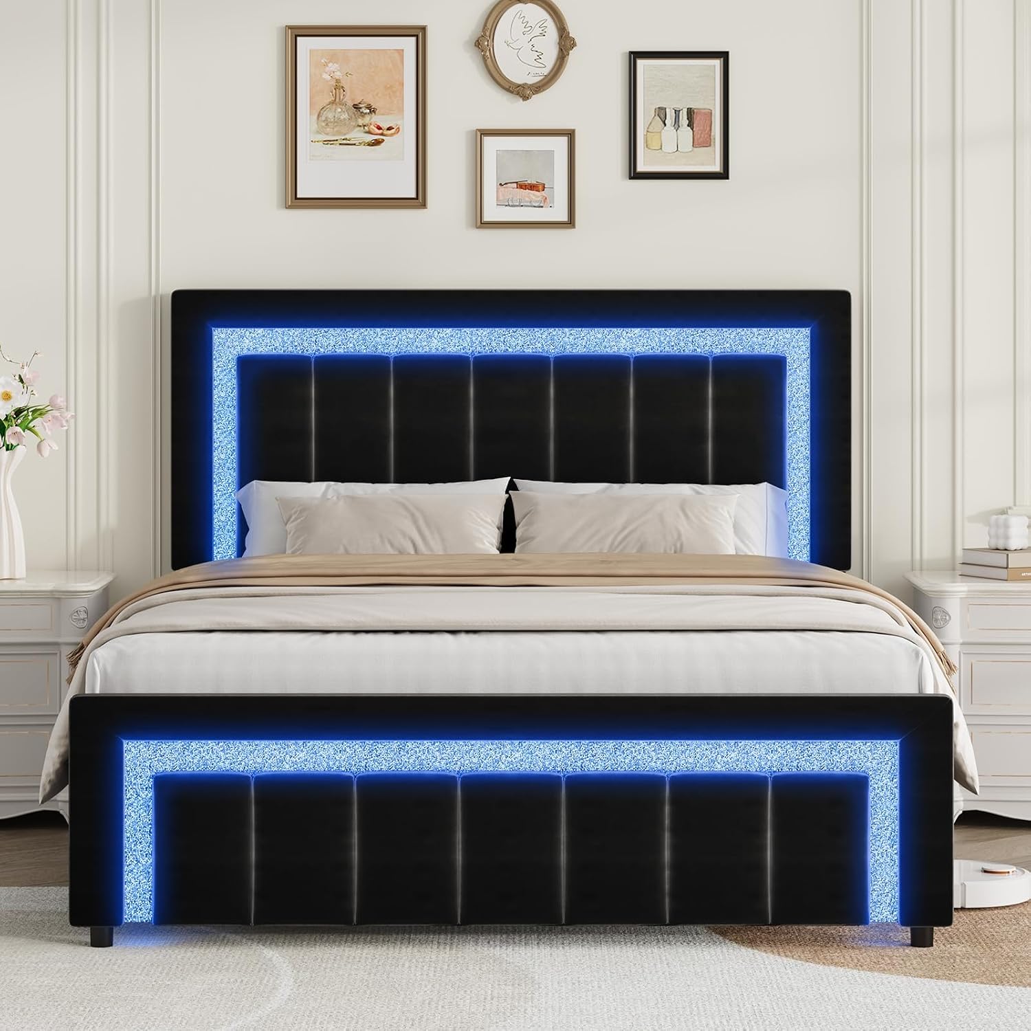 HOMBCK Full Size Bed Frame with LED Lights and Velvet Upholstered Adjustable Headboard, Bed Frame Full with Diamond Headboard & Footboard, Wood Slats Support, Noise Free, No Box Spring Needed, Black