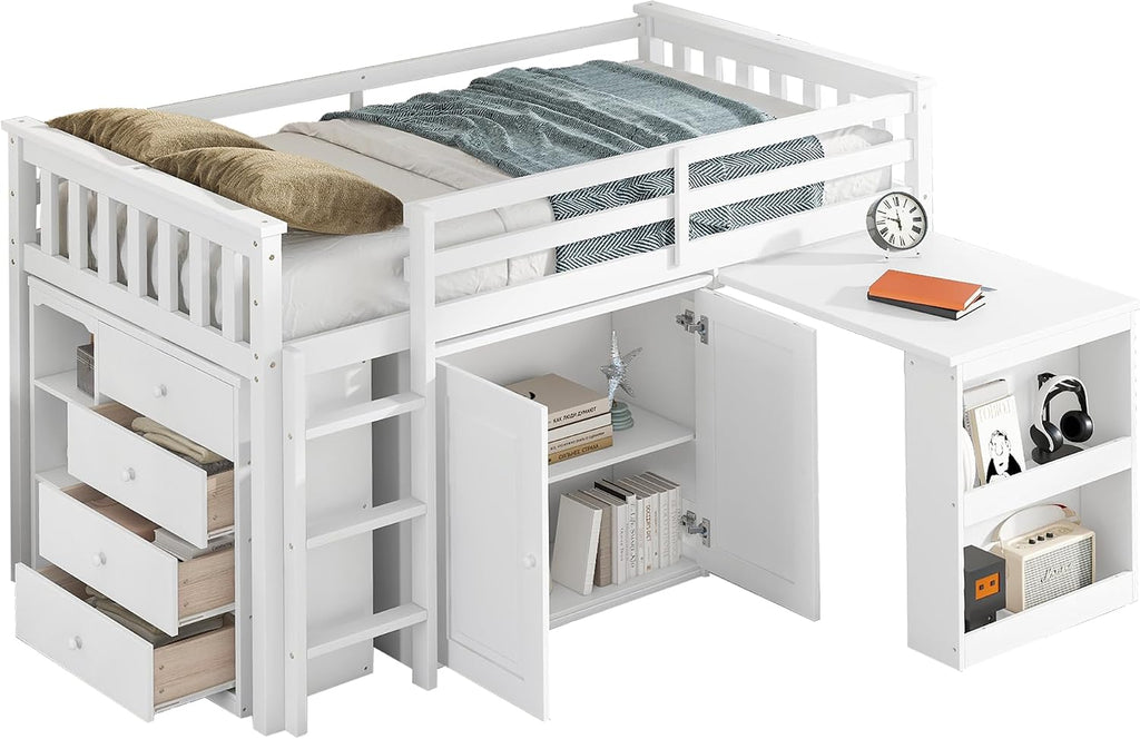 JIVOIT Twin Size Low Loft Bed, Multifunctional Loft Bed with Pulling-Out Desk, Storage Cabinet, Drawer and Shelf Cabinet, Rubber Wood Loft Bed with Safety Guardrail, Ladder, Easy Assembly (White/262)