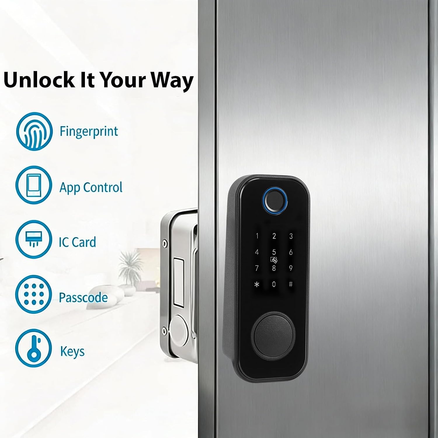 AUNMAS Smart Aluminum Gate Lock, Dual Access Electronic Fence Lock with Five Unlock Methods Including Fingerprint Card Key for Outdoor Garden Fence Gates