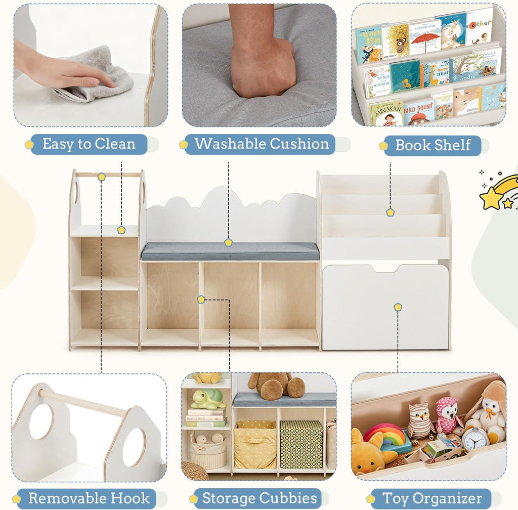 67' Kids Reading Nook with Bench, Children Toy Storage Organizer with Seat Cushion, 6 Storage Cubbies, Movable Drawers,Kid Bookshelf and Bookcase for Playroom, Bedroom, School, Ivory White