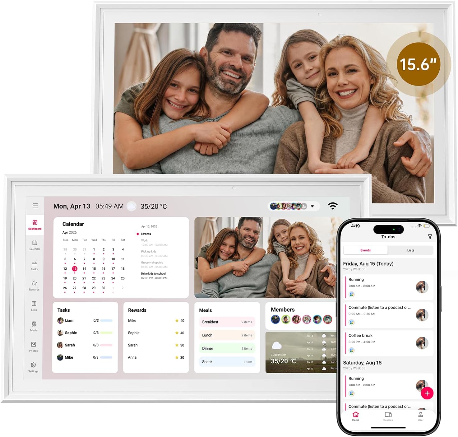 Digital Calendar, 15.6 Inch Wall Planner Touch Screen, Smart Electronic Family Calendar Chore Chart for Schedules, Interactive Display with Meal Planner & Digital Photo Frame, No Subscription, Wall & Desk Mountable