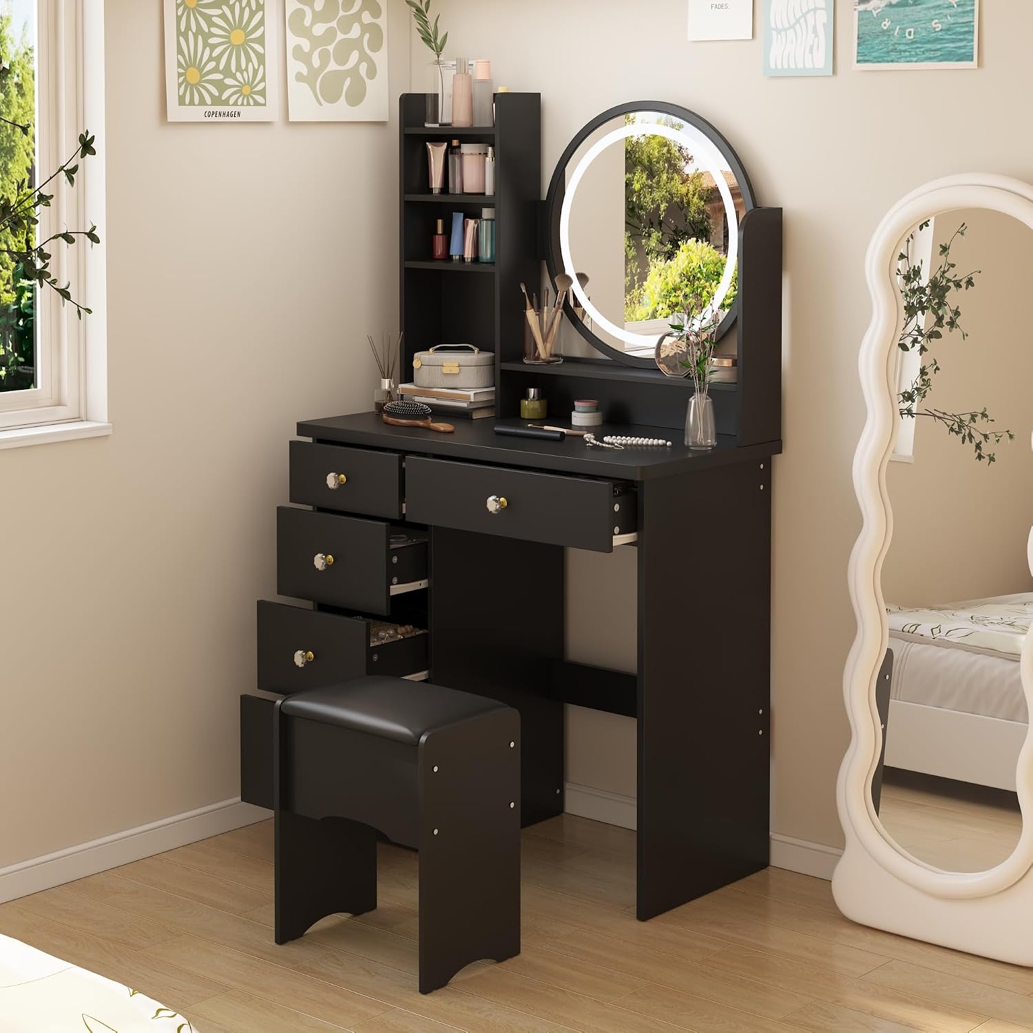 Vanity Desk Set with Lighted Mirror, Makeup Vanity with 5 Drawer & Shelf, Dressing Table with Touch Screen Light & Jewelry Organizer for Bedroom, Black (Lighted Mirror)